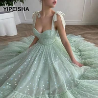 mint green prom dresses 2021 tied bow straps sweetheart midi prom gowns pockets tea length wedding party dresses