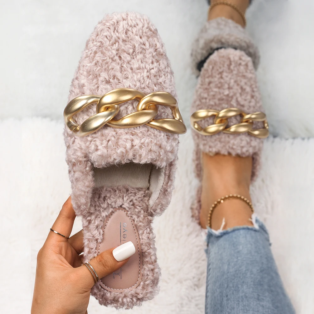 Women's Faux Wool Fur Mules Flats Fashion Loafers Rhinestone Chain Designer Shoes Slippers Pointed Toe Slides Ladies Sandals
