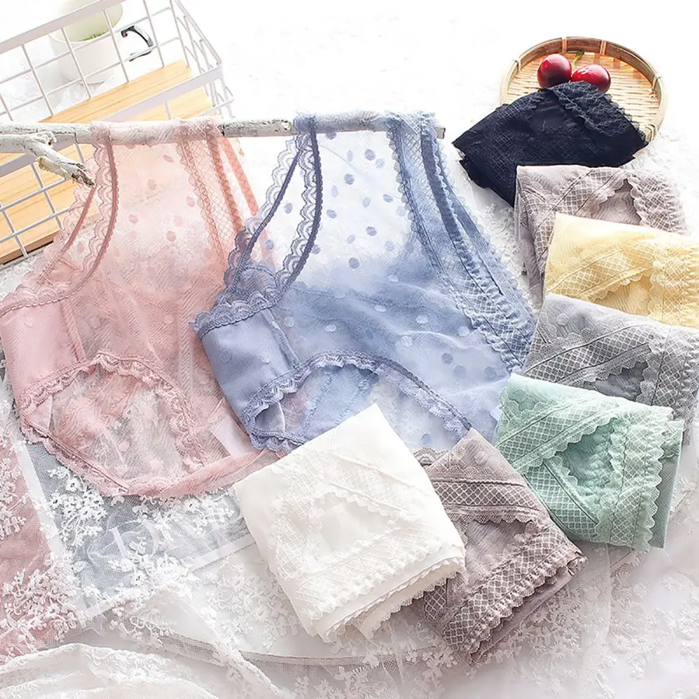 

Wave Point Women's Panties Middle Waist Lace Cross Hollow Out Transparent Seamless Breathable Mesh Briefs