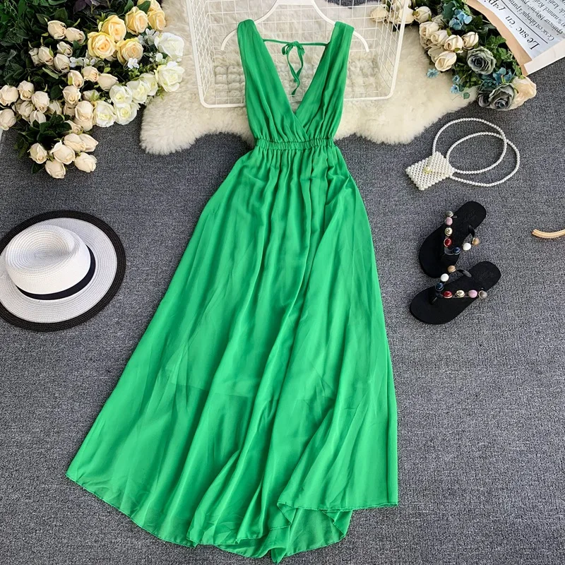 

Ladies Fashion 2021 New Spring Summer V Neck High Waist Solid Sleeveless Casual Chic Seaside Backless Women's Dress
