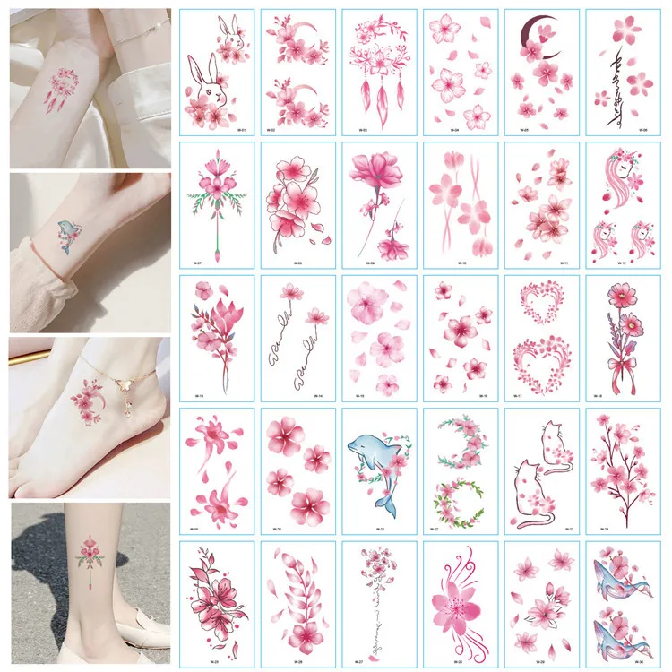 30 шт./компл. Сакура Единорог цветок временные татуировки наклейки для женщин