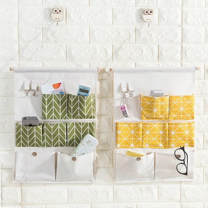 Cotton And Linen Hanging Bag Seven Grid Pockets Can Be Hanged Key Storage Door Wall Hook |