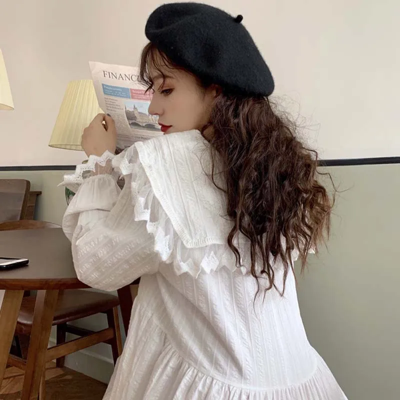 

2021 New Korean Mori Girl spring Dress Kawaii Sweet Lace Peter Pan Collar Lantern Full Sleeve Vintage Loose Solid Dress Vestidos