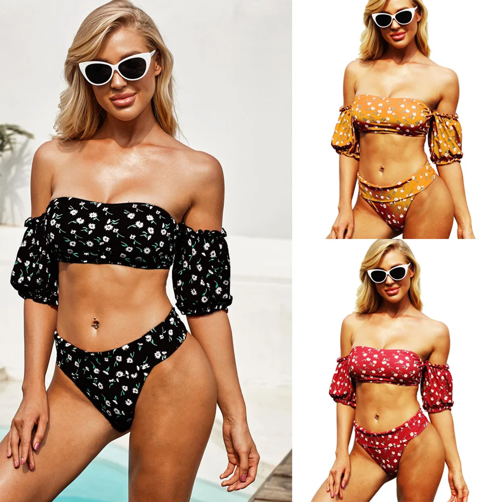 

2021 new European and American split bikini short sleeve high waist printed 3-color floral split sexy women's swimsuit