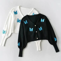 korea style vintage embroidery butterfly cardigan tank top single breasted button knitted crop sweater jumper