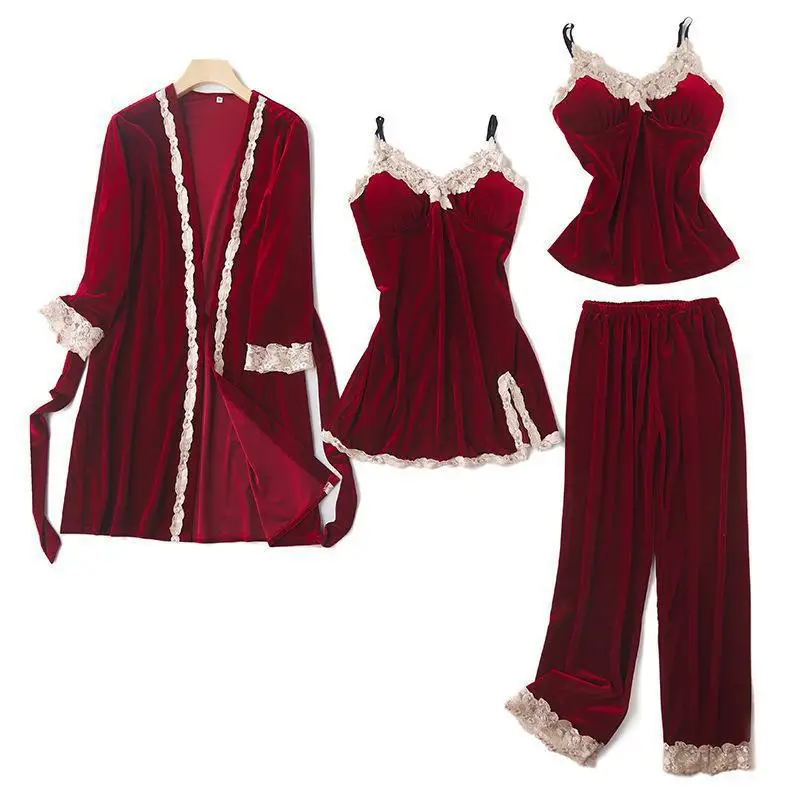 

Velvet 4PCS Pajamas Set Sleepwear Women Autumn Winter Nightwear Casual Long Sleeve Kimono Bathrobe Gown Velour Sexy Home Clothes