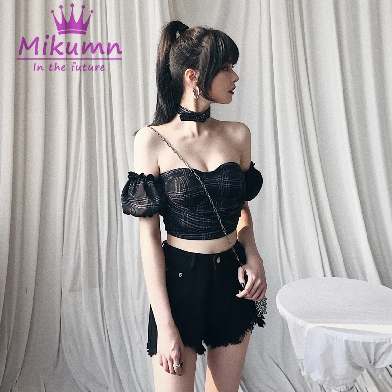 Женский Готический корсет в шотландскую клетку черно-серый укороченный с