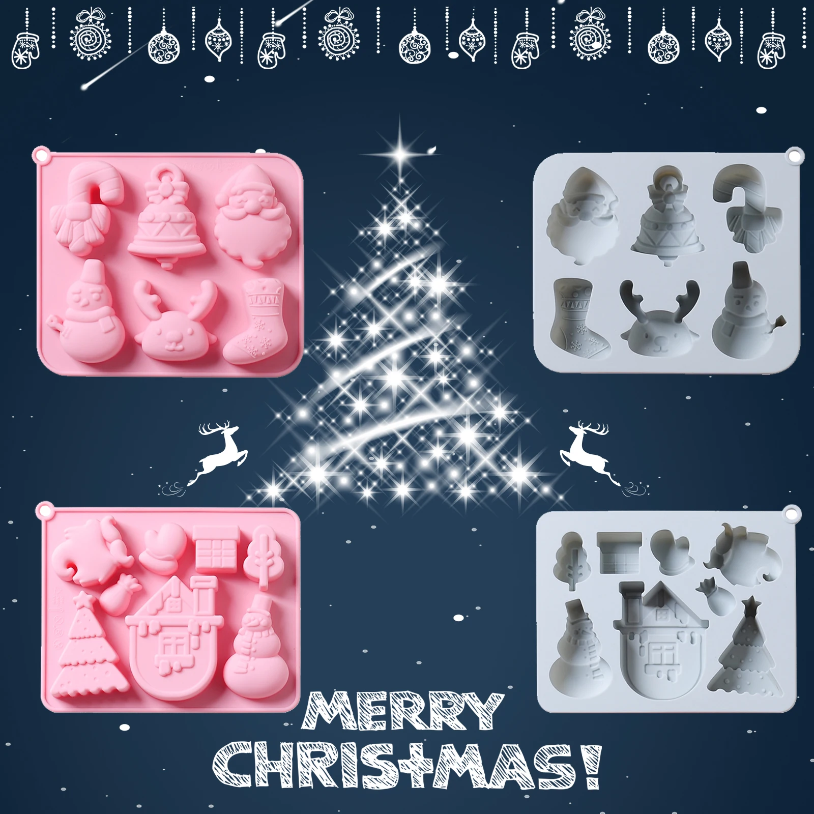 

Christmas Silicone Mold Santa Claus Elk Snowman Socks Bell Tree Handmade Biscuit Pastry Chocolate DIY Cake Molds Baking Tools