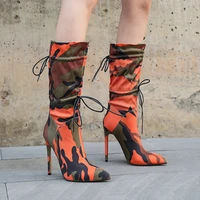 sexy pointed toe high heels women mid calf boots camouflage lace up stretch booties office lady winter autumn non slip shoes