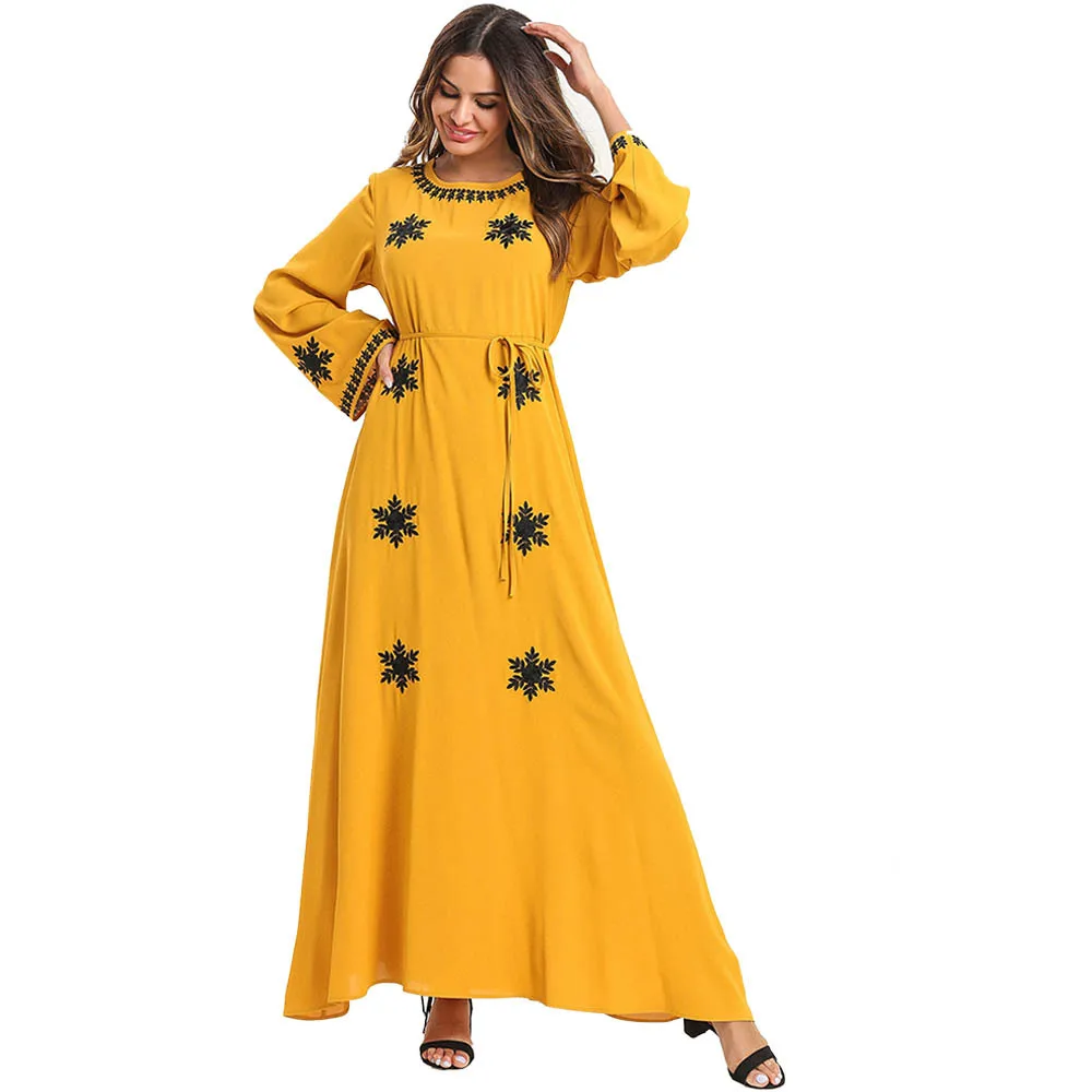 Мусульманская Мода вышитая большая юбка свободное платье с длинным рукавом мусульманская одежда Abaya Дубай платья Abayas для женщин одежда