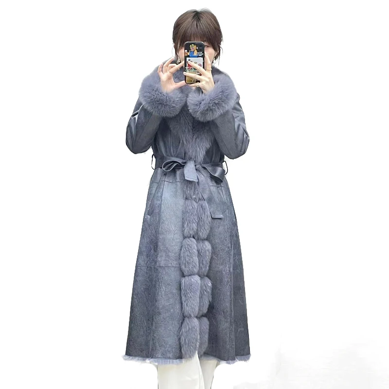 New Real Double Face Rabbit Fur Coat Women's Mid-Length Winter Close-Fitting Leather Fox Fur Collar Cuffs Fur Garments enlarge