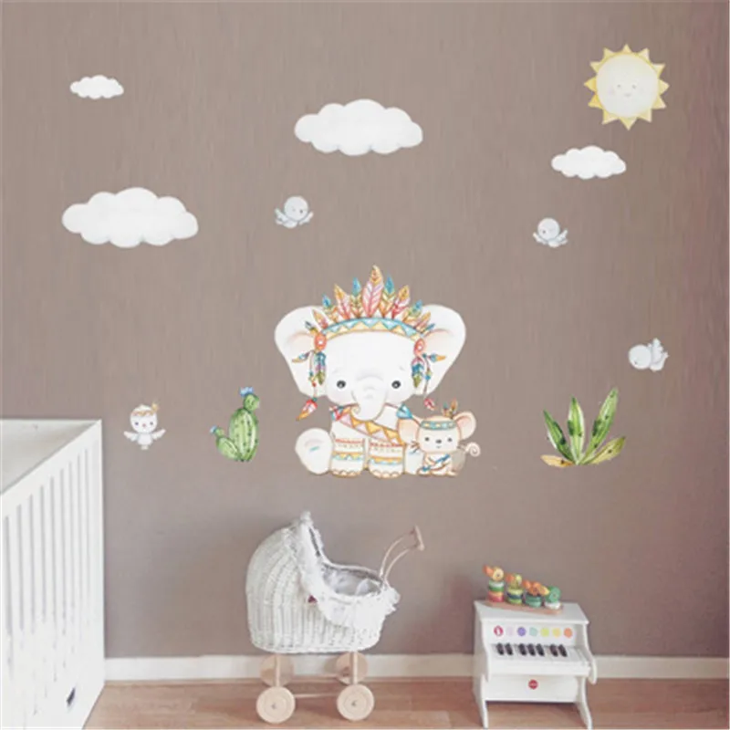 Cartoon Cloud Stars Elephant Wall Stickers For Kids Room Baby Girl Decorative Sticker Nursery Bedroom Decal Home Decor | Дом и сад