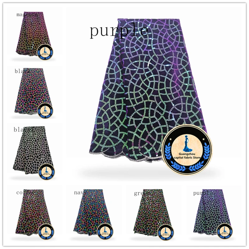 

Sunny 2019 Nigeria velve African Velvet Lace Fabric 5 Yards/pcs High Quality African velve Lace With Color Sequins For Party