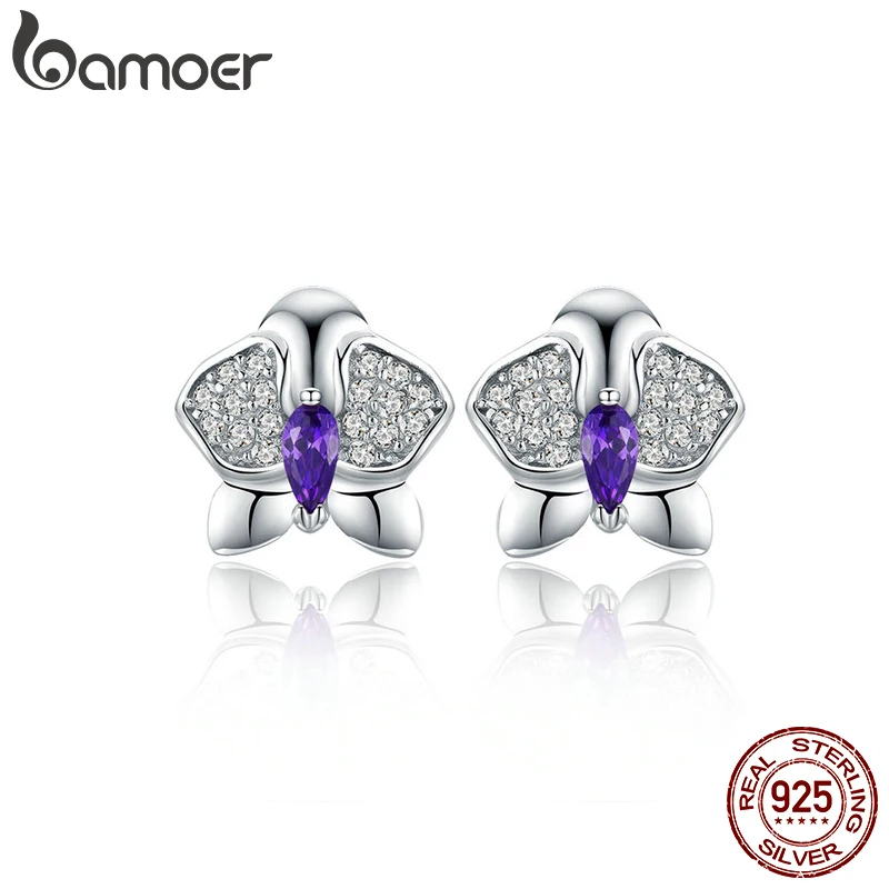 Женские серьги гвоздики с цветком орхидеи Bamoer из настоящего серебра 925 пробы