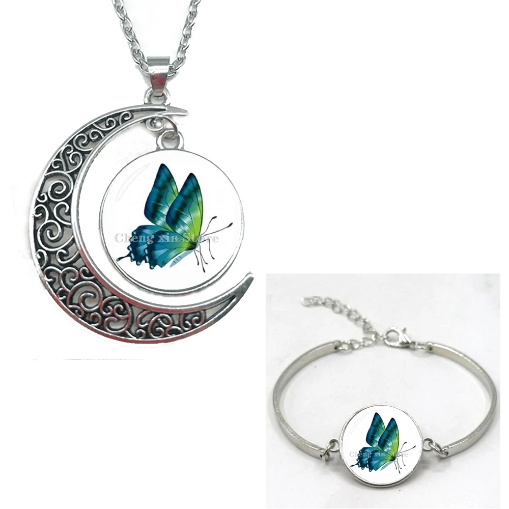 Ожерелье и браслет со стеклянным кабошоном изображением бабочки