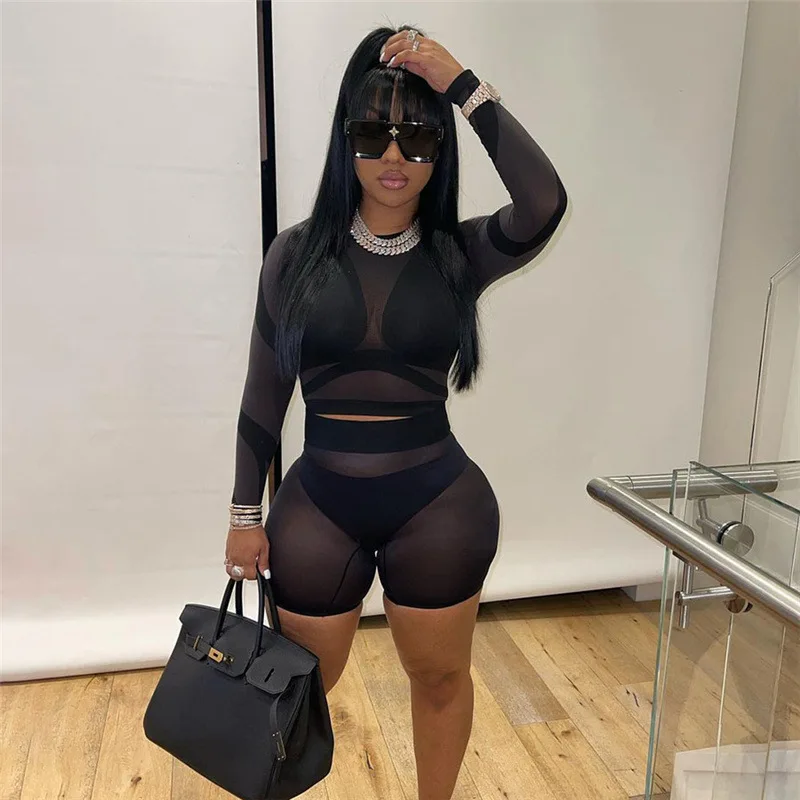 

Sexy Women See Through Party Night Clubwear Tracksuit Matching Sportwear Clothes For Women Outfit