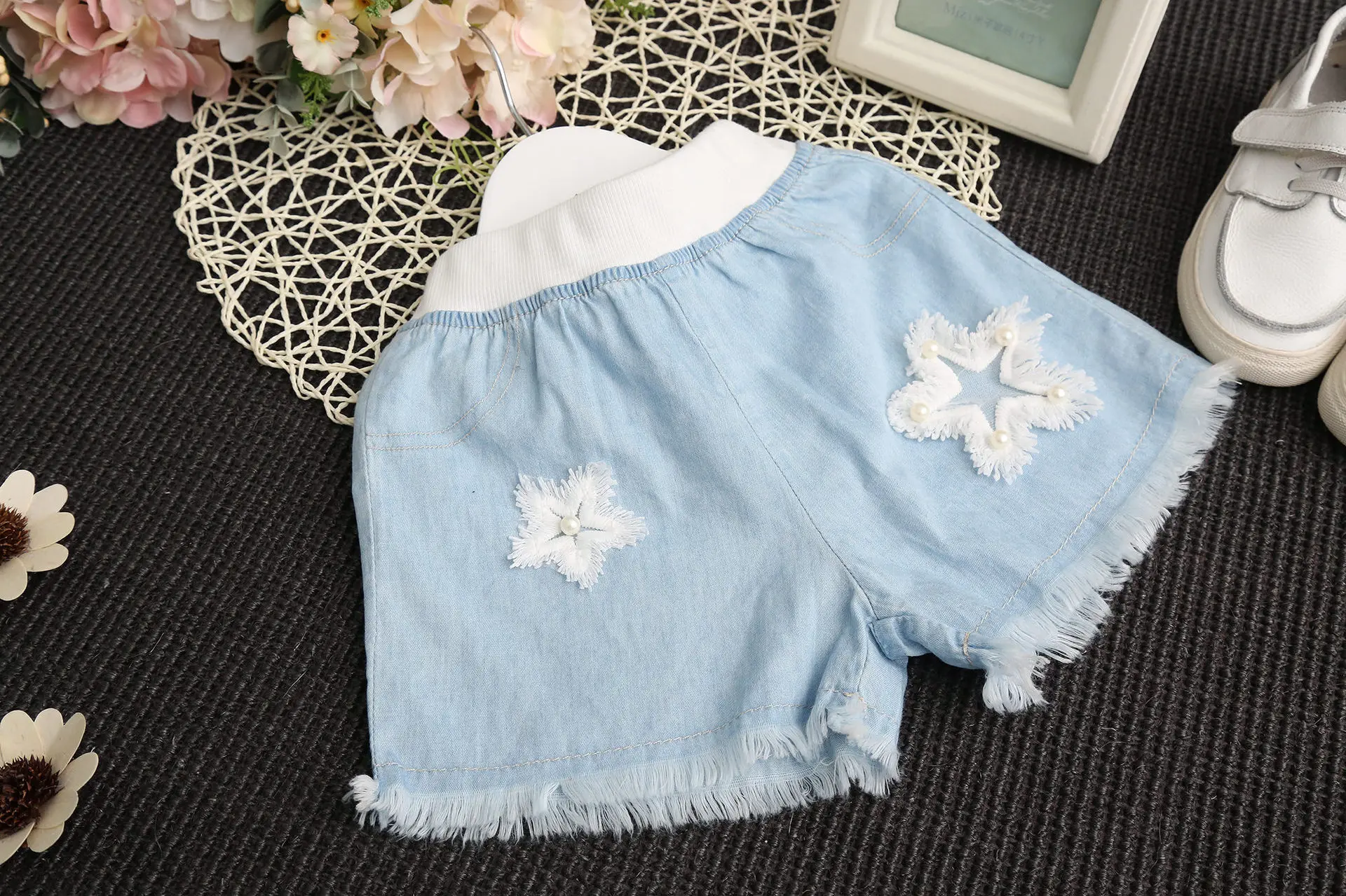 

2-7Tgirls Summer Set Kids Chiffon Vest + Denim Shorts Set Pearl Top Shorts Sets Girls Clothes Kids Costume Kid Summer Outfits