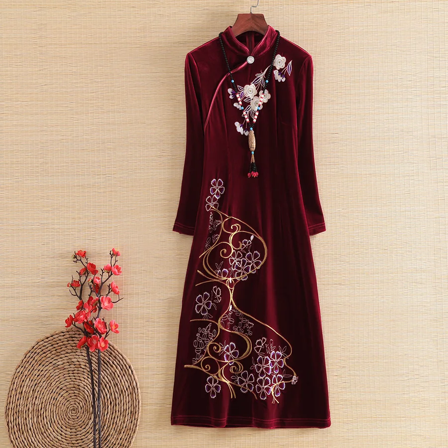 Embro mill Новая осень женщины бархат платье в этническом стиле ретро элегантная