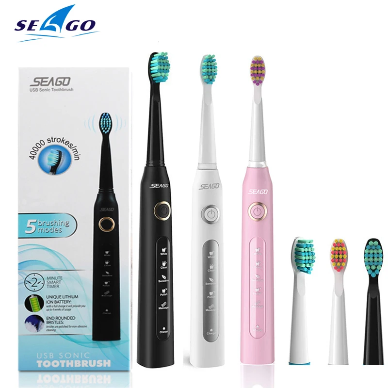 Seago SG-507, электрическая зубная щетка, звуковая волна, вибрация, чистое отбеливание зубов, 3 сменные насадки, 5 режимов, зарядка от USB