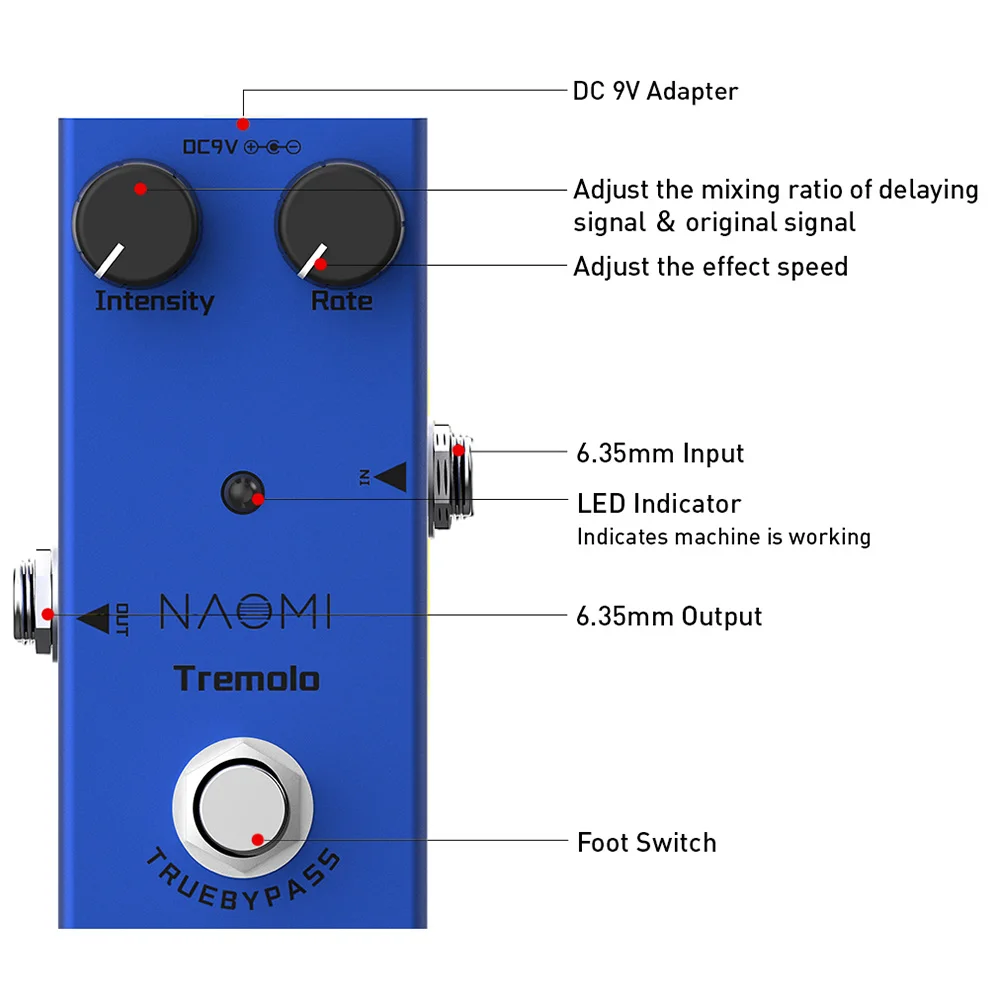

NAOMI NEP-09 Tremolo Guitar Effect Pedal with ABS Control Knobs Mini Single Pedal for Electric Guitars DC 9V Royal Blue