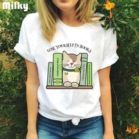 cute womens t shirt lose yourself in books library cat shirt for women graphic t shirts kitty readers top tees camisas mujer