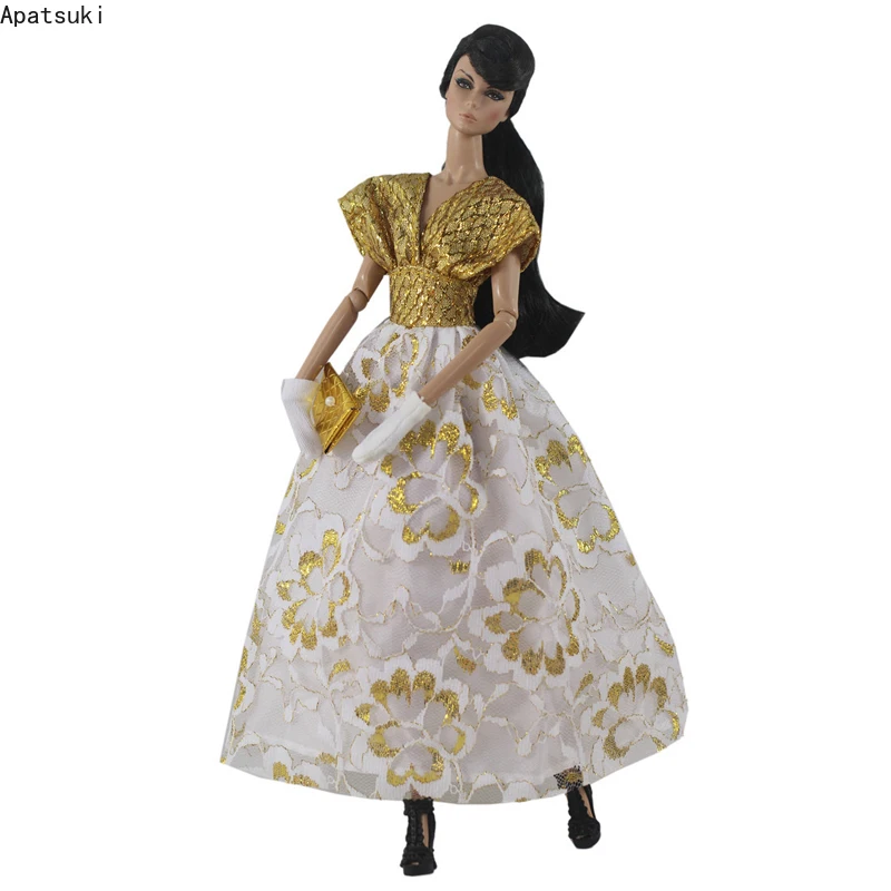 Golden White Fashion Dress For Barbie Doll Outfits Purse Gloves 1/6 Dolls Accessories Party Gown For Barbie Dollhouse Toys