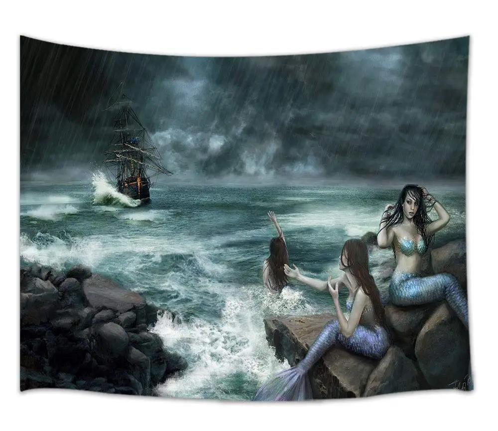 Кракен тема русалки на морском море с пиратскими кораблями в океане стены