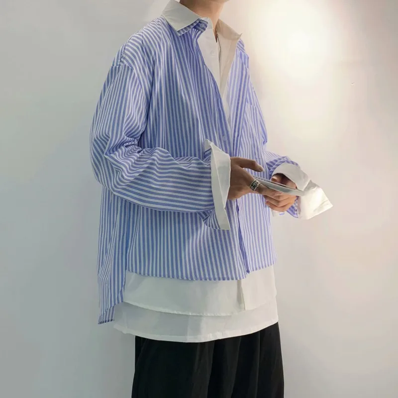 

Korean Striped Shirt Men's Fashion Business Casual Shirts Mens Streetwear Loose Fake Two Long Sleeve Shirts Men M-2XL