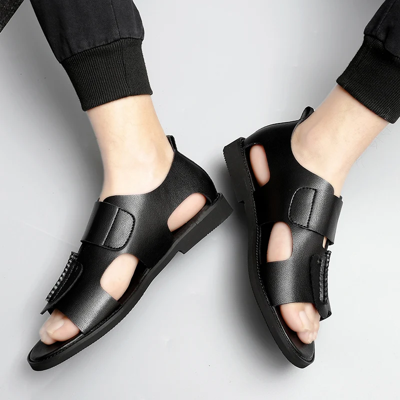 

CRLAYDK Casual Fashion Men Sandals Leather Open Toe Slip on Shoes Summer Beach Slippers Anti Slip Walking Flat Slide Claquette