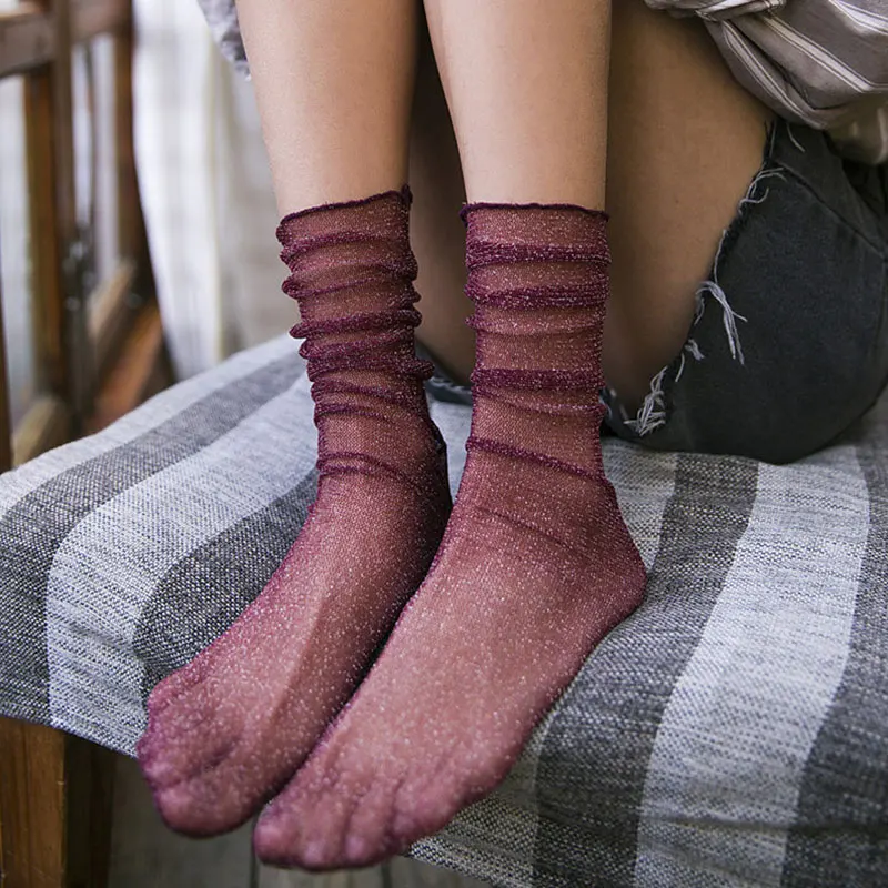

Женские блестящие носки, модные блестящие короткие носки для девочек, сезон весна-лето, эластичные тонкие прозрачные сетчатые носки из хрустального шелка