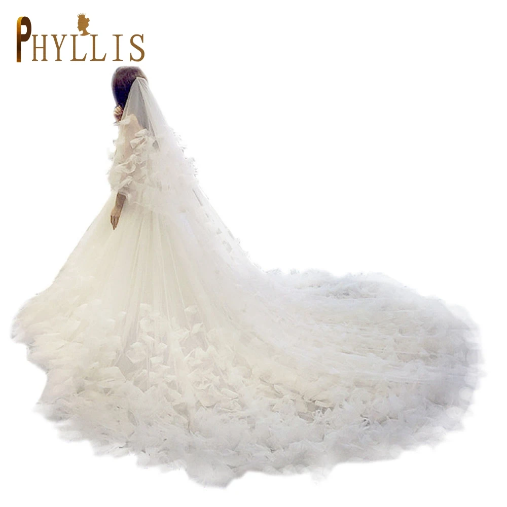 

B38 Luxury White Flower Cathedral Wedding Veil with Comb Two Layer Bridal Veil with Tiara Photo Accessory Veiled Woman for Party