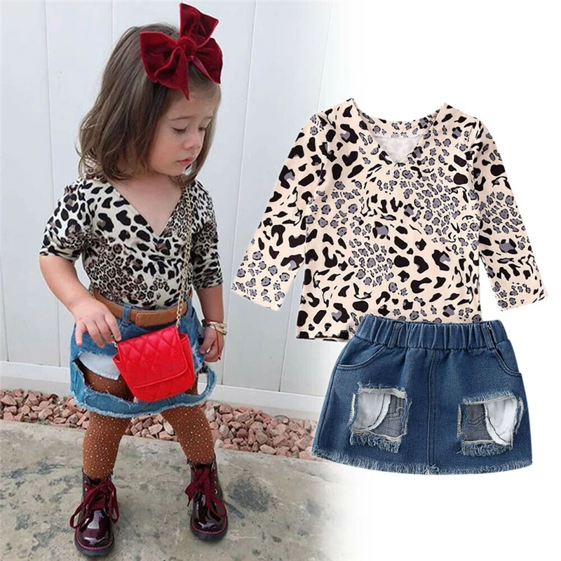 Модные От 1 до 5 лет детская одежда для девочек джинсовая юбка Леопардовый принт