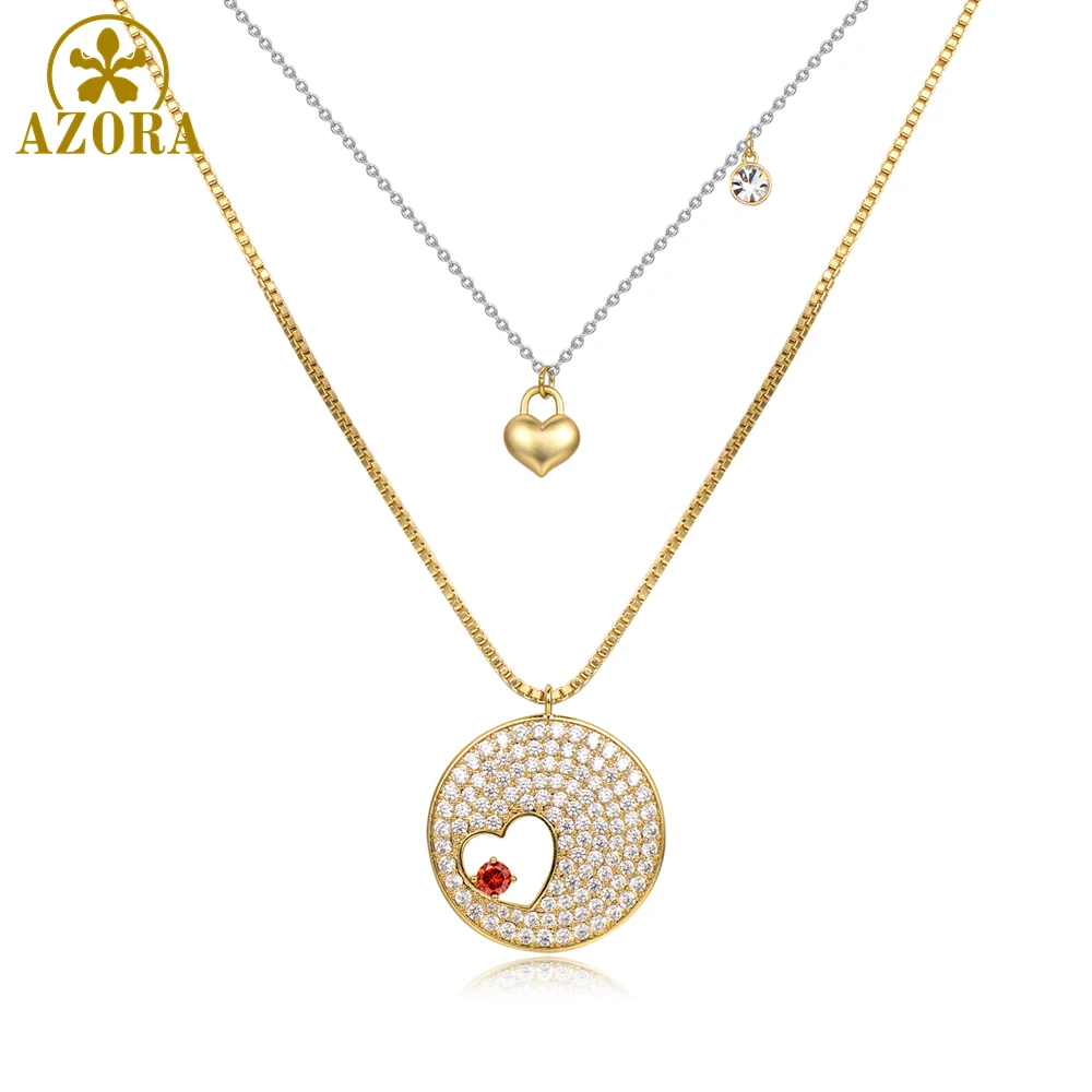 Женское Ожерелье с фианитом AZORA Золотистое двойным сердцем украшенное TN0287 |