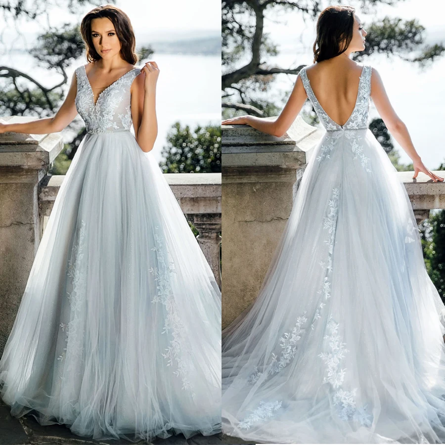 

Женское кружевное свадебное платье, Элегантное синее платье из тюля с V-образным вырезом, поясом и цветным бисером, 2019