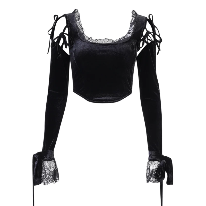 

Gothic Velvet Lace T Shirt Hollow Out Patchwork Flare Sleeve Cropped Streetwear Slim Casual Bandage Crop Tops Women Black Tshirt