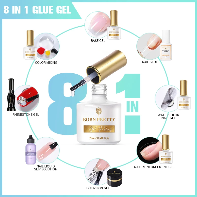 BORN PRETTY 8-in-1 Nail Glue Gel Polish For Falses Tips Soak Off UV Nail Art Varnish Function Gel Extension Stick Gel Tool