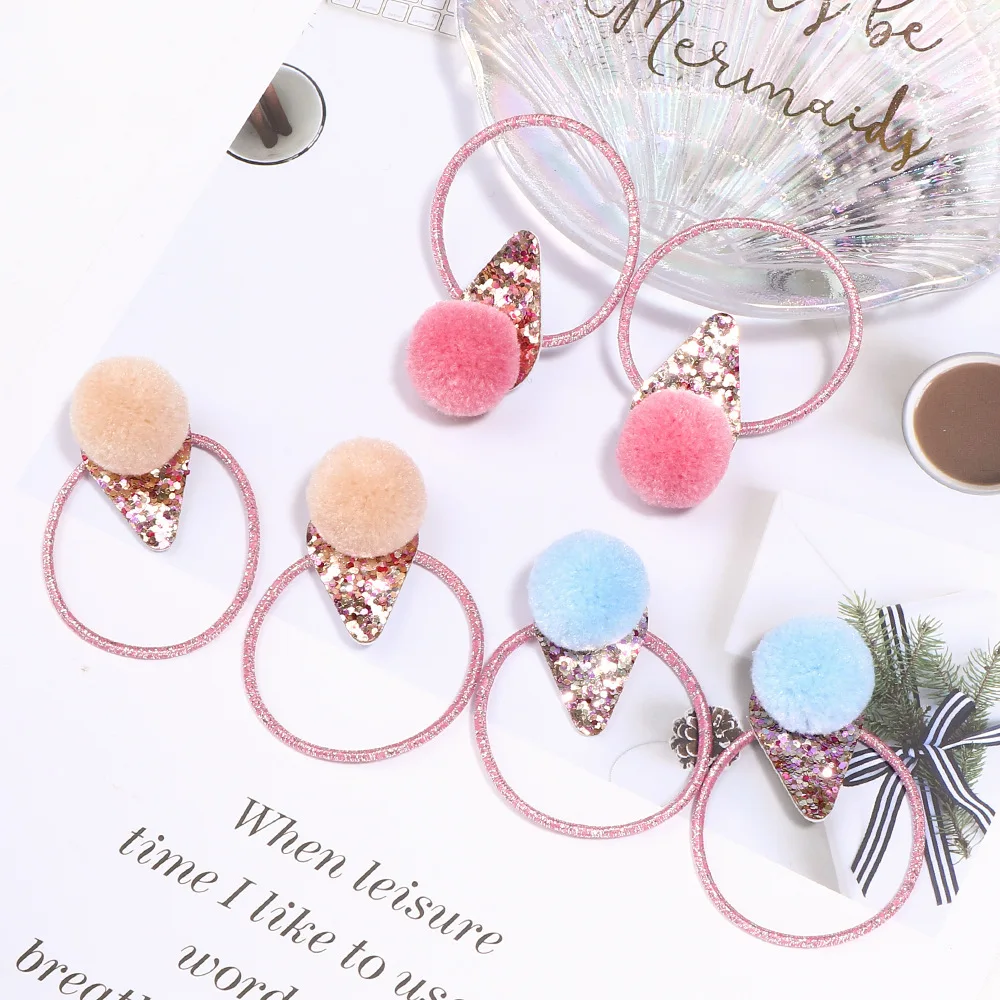 New 2 Pcs/set Yarn Ball Leaf Hair Clips For Girls Kids Pompom Elastic Rubber Bands Tie Children Accessories Set | Детская одежда и