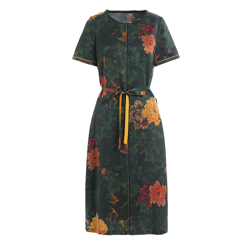 

Gowani Silk Dress Summer Women Retro Flower Print Short Sleeve Belted Oriental Style Modern Kimono