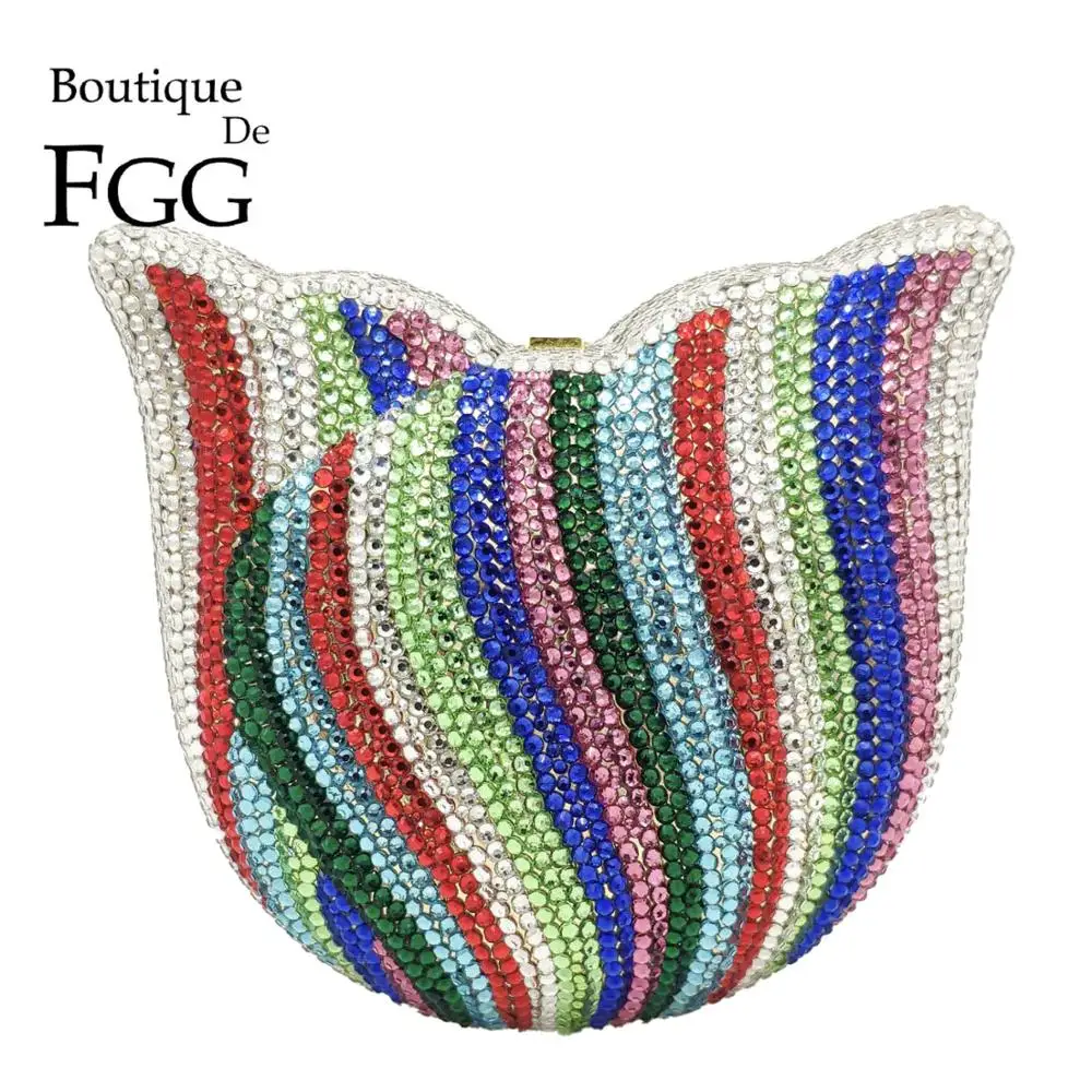 Boutique De FGG Multicoloured Rainbow SeaShell Conch Women MINI Crystal Clutch Bags Wedding Party Evening Purses and Handbags