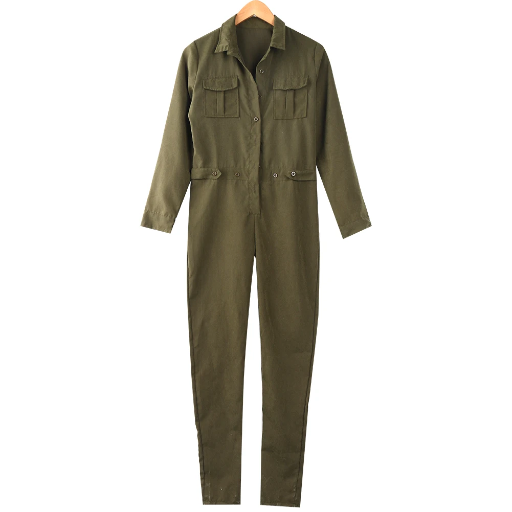 Комбинезон женский джинсовый с V образным вырезом и длинным рукавом|Женские