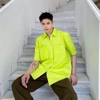 oversize shirt coat men lemon yellow short sleeve casual loose shirts male harajuku korean streetwear vintage shirt cardigan
