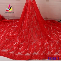 sequins fabrics high fashion big red color sequence embroidery flower elegant french high quality wedding dress design latest