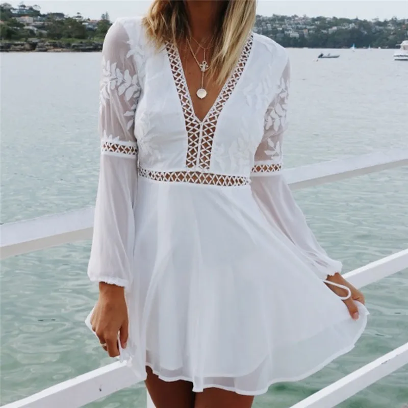 

Summer White Lace Dress Women Fashion Casual Sexy V-Neck Long Sleeve Trim Short Mini Dresses Vestido Sundress