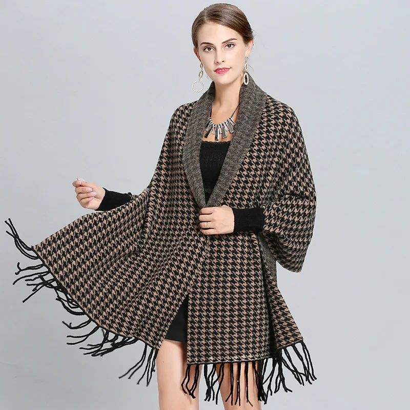 Высокое качество имитация кашемира женский плед пончо с кисточкой элегантный