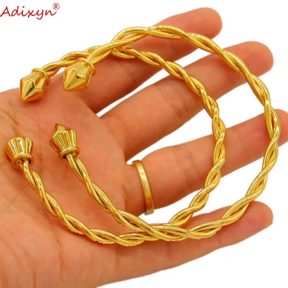 Adixyn 2pcs/lots African Twisted Bangle Gold Color Copper Kuwait Jewelry Dubai Luxury Jewelry for MUM Lovers Gifts N102614