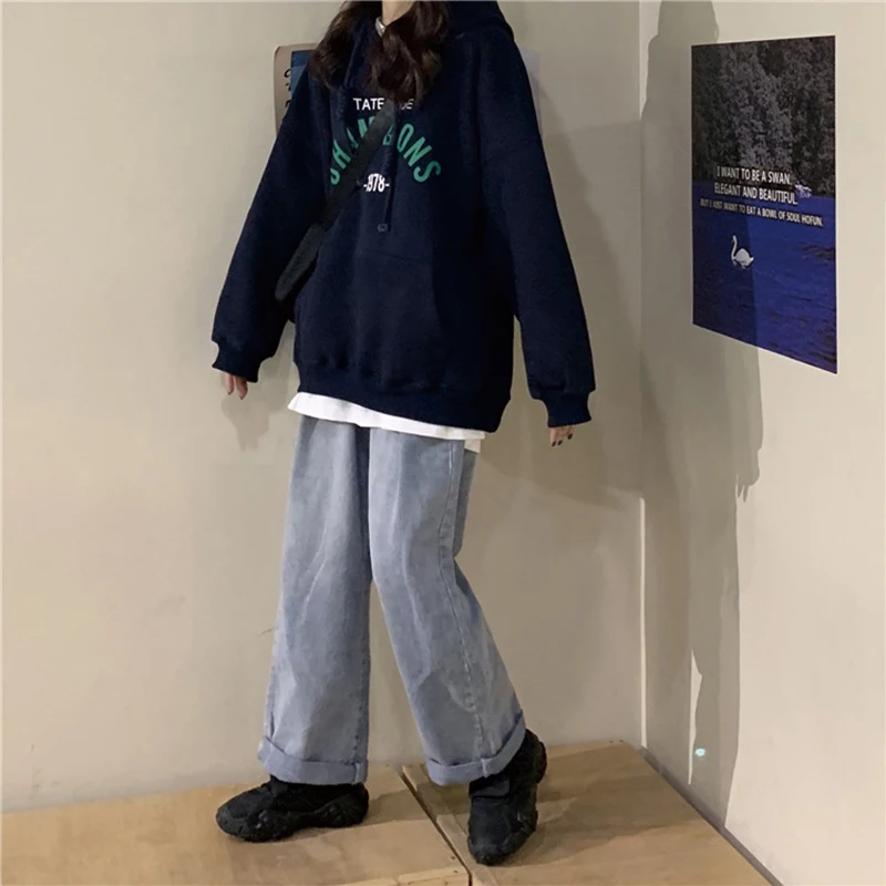 

QRWR 2020 Women Sweatshirt Winter Korean Casual Thick Section Letter Print Pullovers Fashion Long Sleeve Fleece Sweatshirt Women