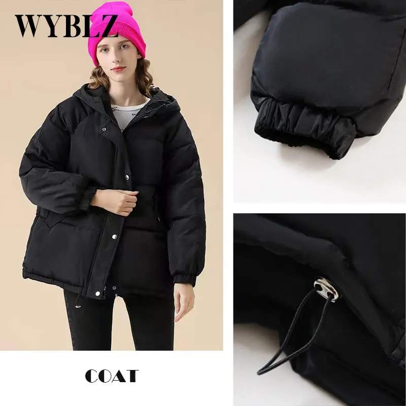 WYBLZ Loose Padded Hooded Coat Female Elegant Casual Solid Thicken Short Cotton Jacket Korean Winter Jackets for Women 2021