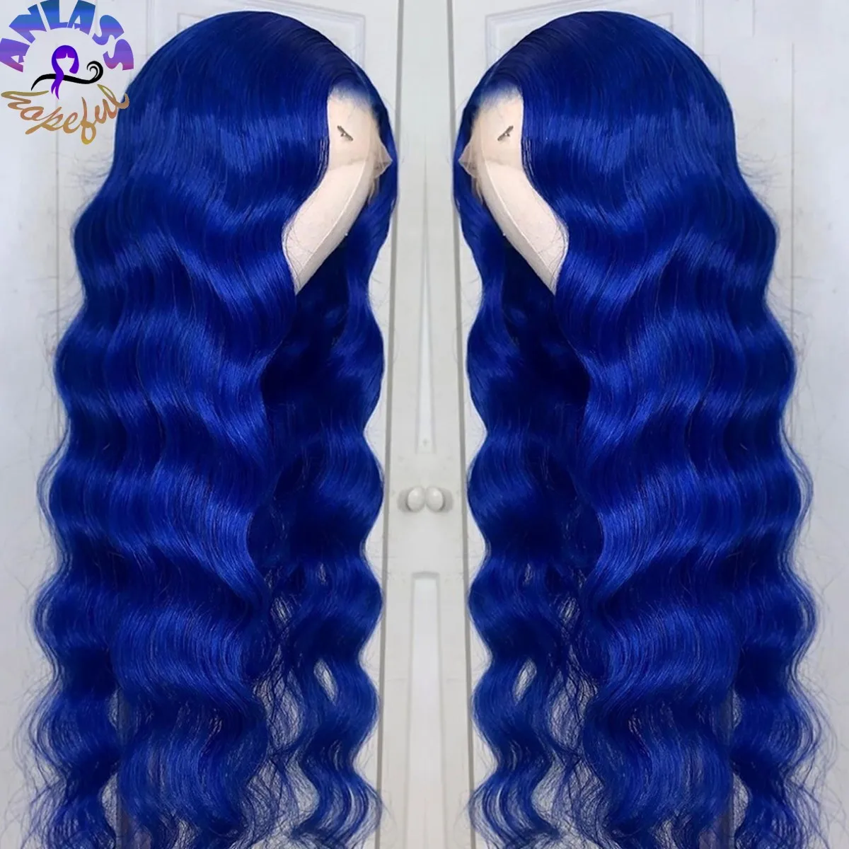 Blue Lace Front Wig Synthetic Hair Long Deep Water Wave  Burgundy Red /Orange Colored Wig  Soft Hair Glueless Cosplay  Wig
