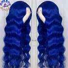 Синий парик фронта шнурка синтетические волосы длинные глубокие водные волны бордовый красныйоранжевый цветной парик мягкие волосы без клея парик для косплея