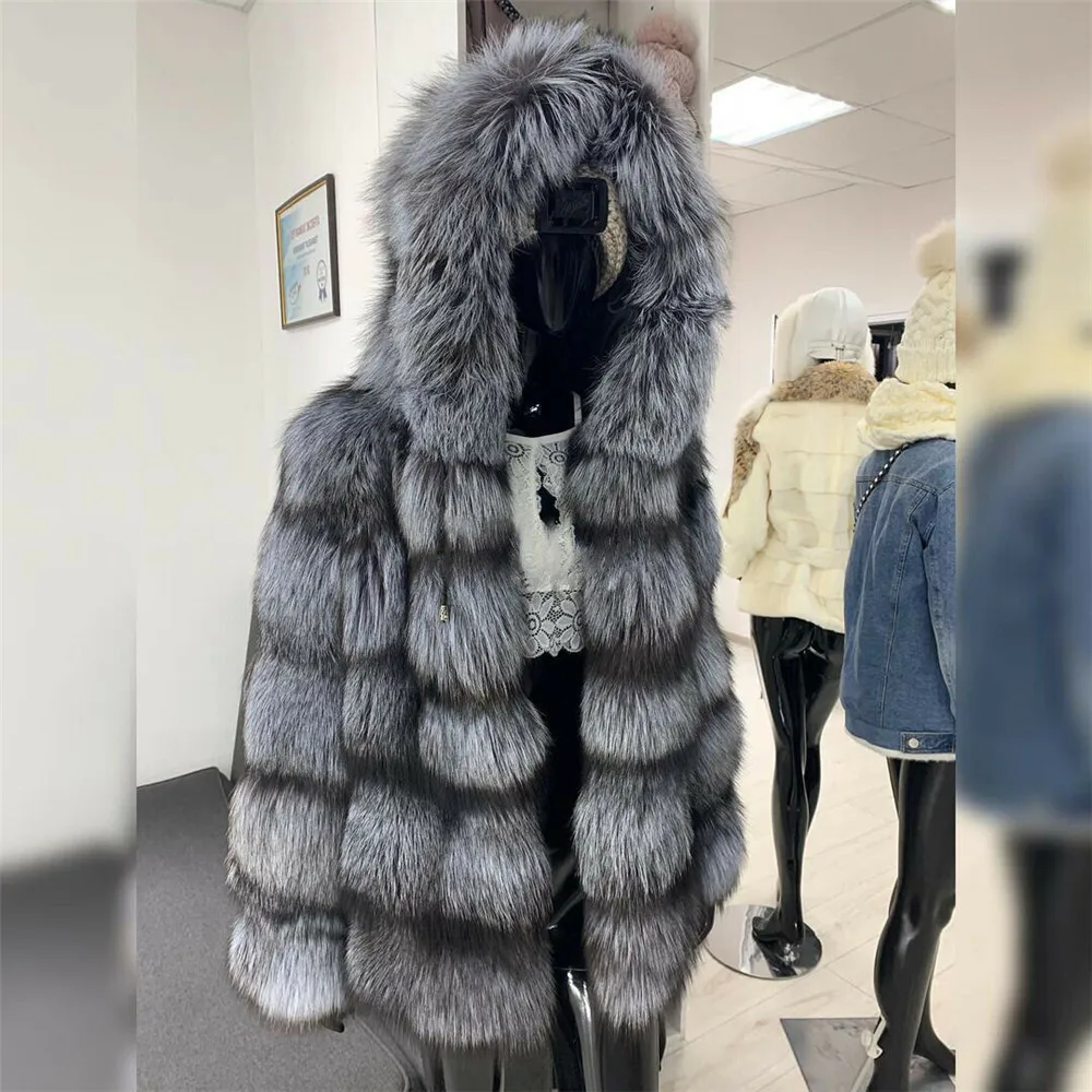 Woman Natural Silver Fox Fur Coat with Hood Medium Length Whole Skin Genuine Silver Fox Fur Jacket Female Winter Luxury Outwear